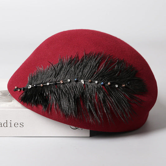 Autumn And Winter Retro Style Feather Decorative Wool Beret
