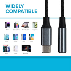 Maplin USB-C to 3.5mm Female Jack Headphone Aluminium Braided Adapter Cable - Black, 5cm