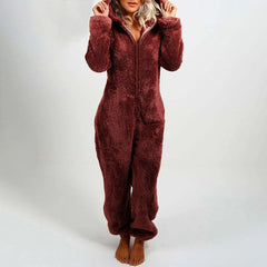European And American Autumn Winter Women's Wear Fleece-lined Thick Furry Jumpsuit Hooded Cat Ear Pajamas