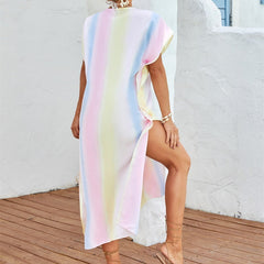 Beach Cover-up Rainbow Color Long Slit V-neck