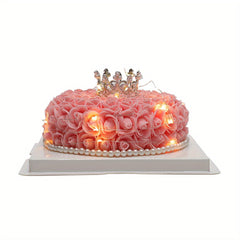 Pink Foam Rose Artificial Flowers Cake Wedding Bouquet Home Party Decor with Gift Box And Lights, Valentine's Day Birthday Gift For Girls