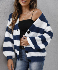 Women's Cardigan Striped Button Stitching Woven Sweater