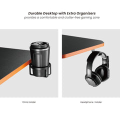 Maplin Gaming Desk with Headphone Hook & Cup Holder - Matte Black & Orange