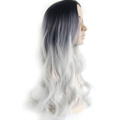 Black silver gray mid-point long curly hair cos fake