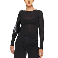 Mesh Round Neck Slim And Ultra-thin Sheer Long Sleeve Irregular T-shirt