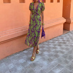 Summer V-neck Short-sleeved Dress Fashion Flowers Printed Slim Beach Dresses For Women Clothing