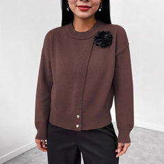 Women's Premium Elegant Solid Color Buttons Black Flower Knitted Pullover