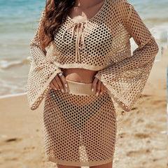 Bell Sleeve Loose Hollow Out Vacation Sun Protection Clothing Suit