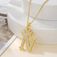 1PCS Fashionable Gold Diamond Crown Uppercase Letter Popular Pendant Necklace Suitable For Daily Use Festivals Parties Gifts Jewelry Set