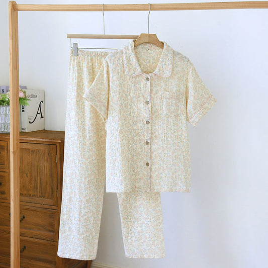 Washed Cotton Double-layer Gauze Short-sleeved Trousers Casual Loose Outfit
