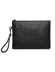 Men’s Black Woven Leather Clutch – Luxury Hand Strap Zip Pouch for Travel & Essentials