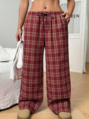 Women's Casual All-match Loose Drawstring Plaid Pocket Trousers