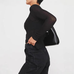 Mesh Round Neck Slim And Ultra-thin Sheer Long Sleeve Irregular T-shirt