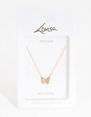 Gold Plated Sterling Silver Pave Butterfly Necklace