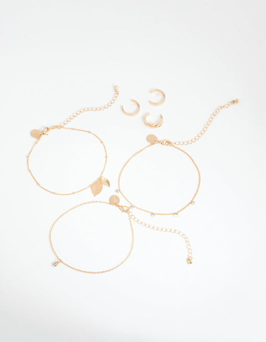 Gold Leaf Anklet & Toe Ring 6-Pack Set