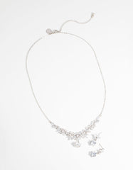 Silver Diamond Simulant Navette Necklace & Earrings Set