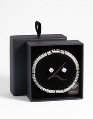 Silver Square Diamond Simulant Bracelet & Earrings Set