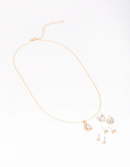 Gold Diamond Simulant Diamante & Pearl Necklace & Earrings Set