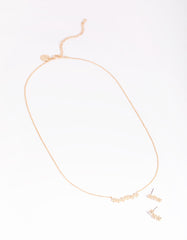 Gold Diamond Simulant Flower Necklace & Earrings Set