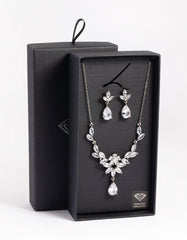 Silver Diamond Simulant Teardrop Necklace & Earrings Set