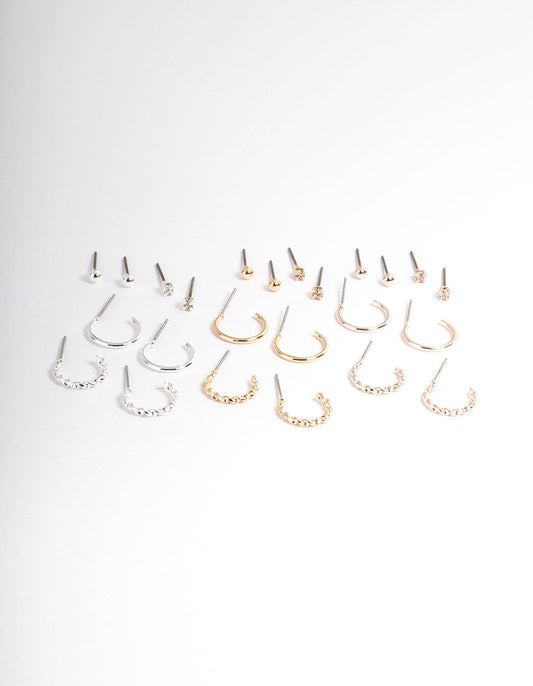 Mixed Metal Plain & Dimanate Stud & Hoop Earring 12-Pack