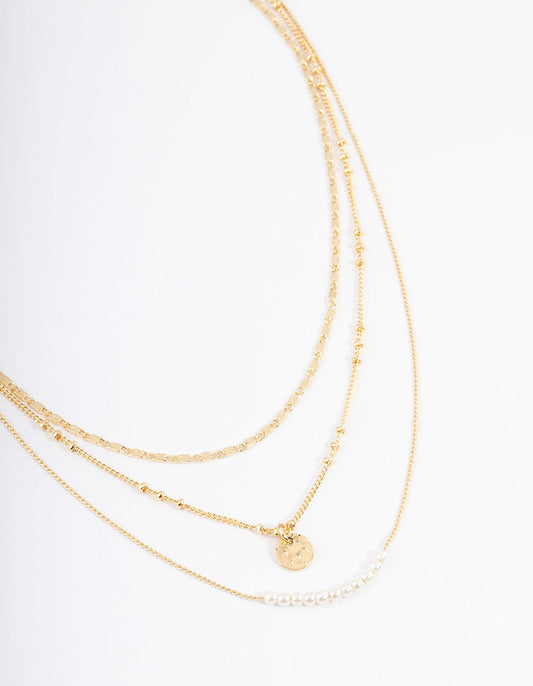 Gold Plated Fine Three Layer Bead Disc Necklace