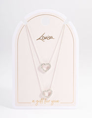 Silver Double Diamante Open Heart Necklace