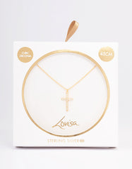 Gold Plated Sterling Silver Pave Cross Pendant Necklace