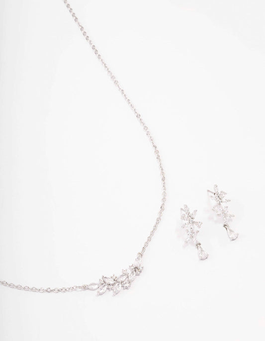 Silver Dainty Sparkle Flower Necklace & Earring Set