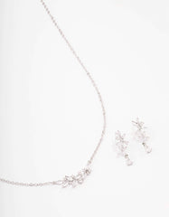 Silver Dainty Sparkle Flower Necklace & Earring Set