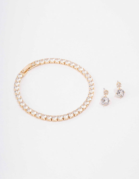 Gold Round Tennis Bracelet & Earring Set