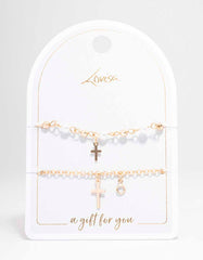 Gold Pearl Cross Charm Bracelet Pack