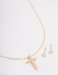 Gold Large Round Cubic Zirconia Cross Jewellery Set