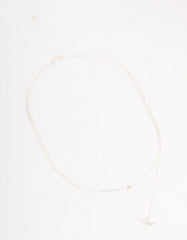 Silver Half Moon Star Double Layered Necklace