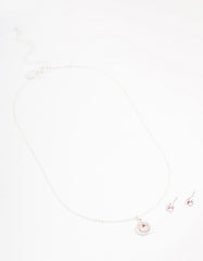 Silver Round Diamante Pink Halo Jewellery Set