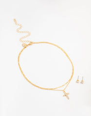 Gold Plated Cubic Zirconia Stud & Cross Necklace Set
