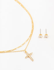 Gold Plated Cubic Zirconia Stud & Cross Necklace Set