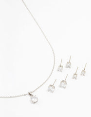 Silver Multiple Cubic Zirconia 6-Pack Stud Earrings & Necklace Set