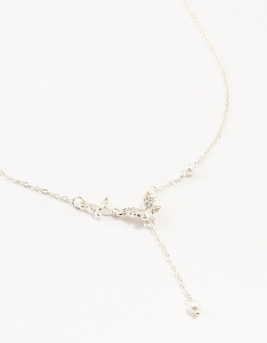 Silver Diamante Pearl Butterfly Y-Necklace