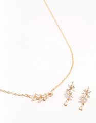 Gold Dainty Sparkle Flower Earrings & Necklace Set
