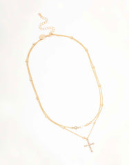 Gold Layered Diamante Cross & Pearl Necklace