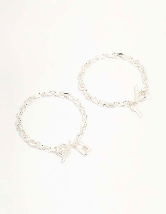 Silver Chunky Lock & Key Bracelets 2-Pack