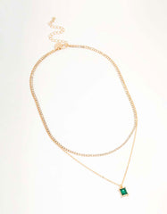 Gold Diamante & Baguette Cut Green Diamante Layered Necklace