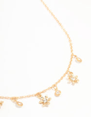 Gold Flower Diamante Droplet Necklace
