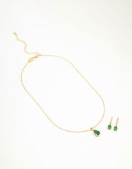 Gold Plated Emerald Teardrop Diamante Drop Necklace & Earrings Set