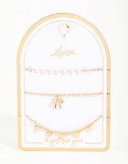 Gold Diamante Pearl Bow & Heart Bracelets 3-Pack