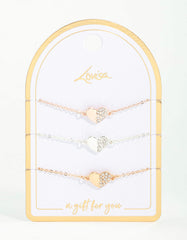 Mixed Metals Hearts Half Diamante Bracelets 3-Pack