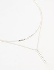 Silver Double Chain Bar Layered Necklace