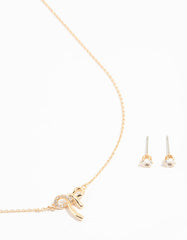 Gold Cubic Zirconia Bow Necklace & Earrings Set