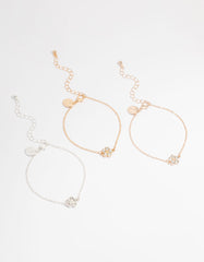 Mixed Metals Diamante Flower Bracelets 3-Pack